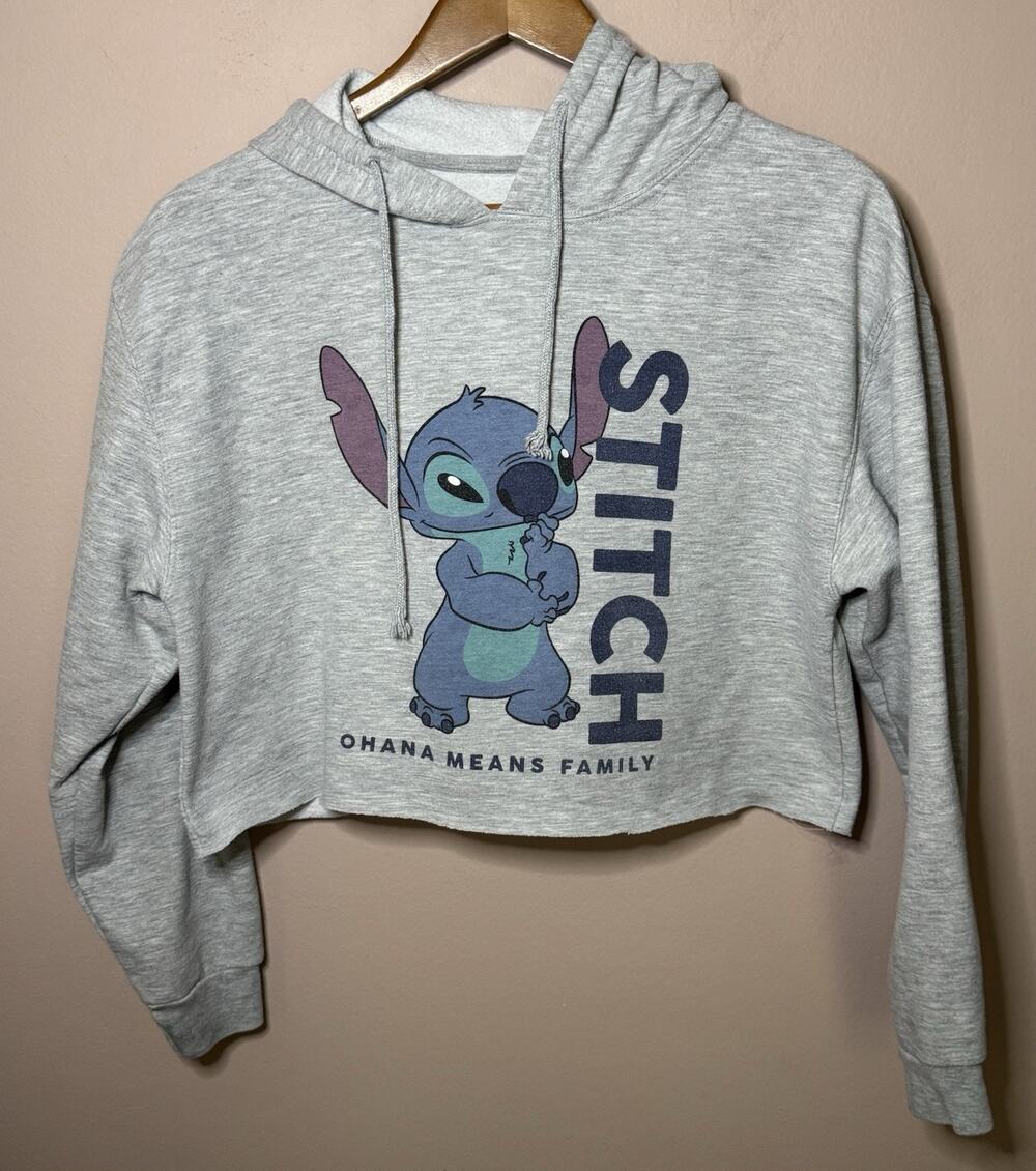 Disney Stitch Hoodie Ladies’s L Gray Cropped Top Sweatshirt Ohana Means Family